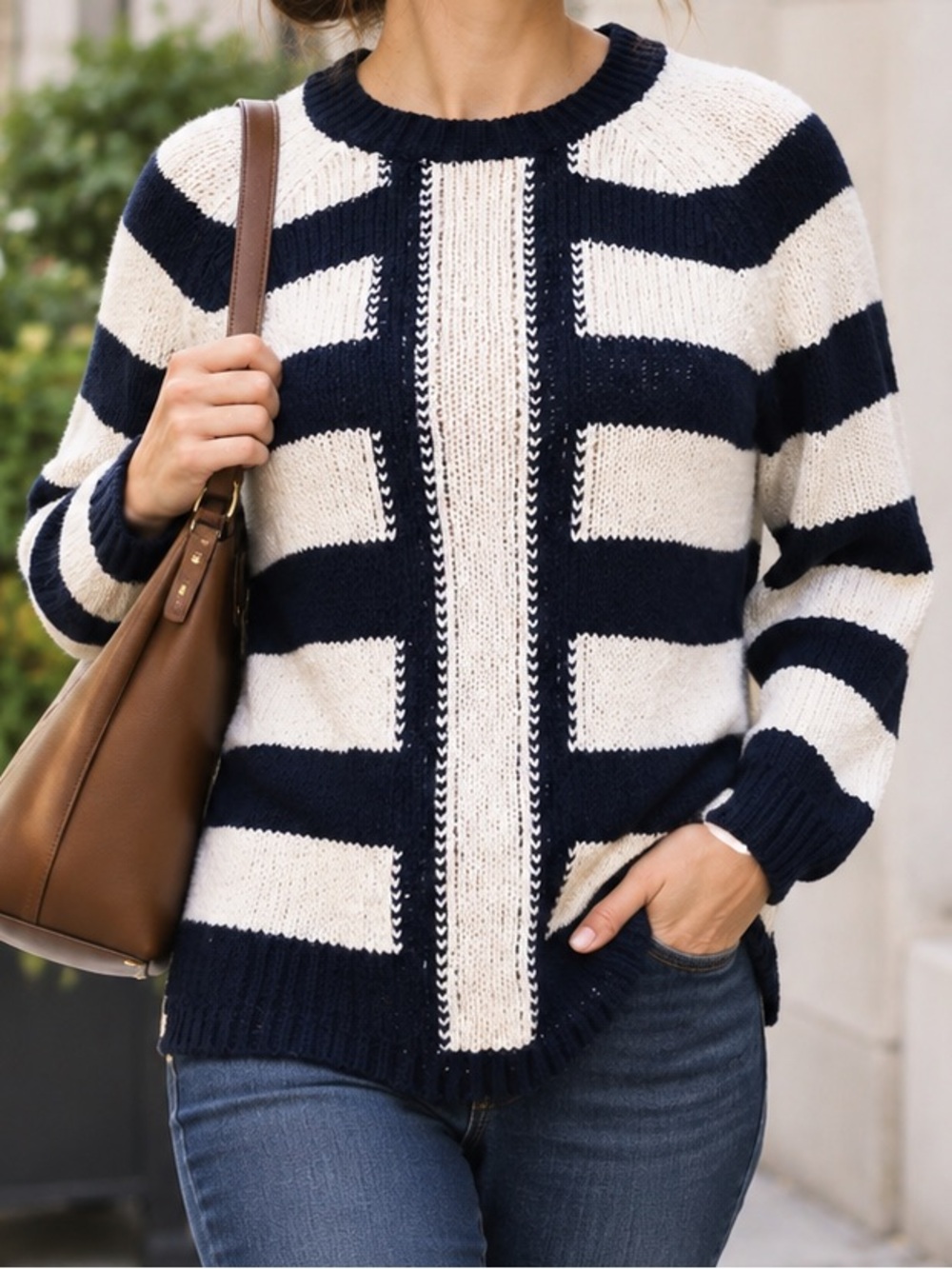 J.Crew Sweater crewneck Pullover Knit navy cream stripes Cotton Linen Knit small